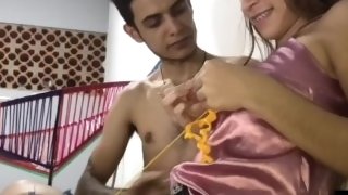 I turn my neighbor on while knitting, she gives me a blowjob and I fuck her in her bed