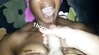 Ebony Haitian 🇭🇹 MILF catches huge load of cum from horny white guy in her mouth
