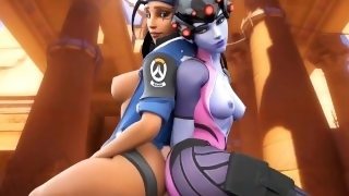 Pharah and Widowmaker rub their asses against a hard dick