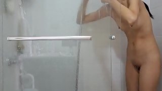 BTS filming a new BDSM scene - Cute asian teen Baebi Hel gets cum on her face then takes a shower