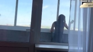 Public blowjob on the balcony and sex on the table with a beautiful cleaning lady👧👌👈