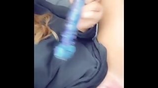 redhead british slut plays with dildos and herself for driver while driving down the public highway