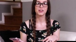 1000Facials - Super Hot & Nerdy Babe Gets Her Pigtails Pulled To Suck Cock