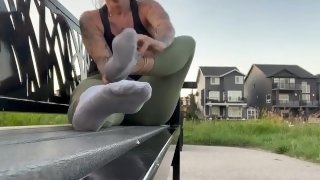 Milf Shows Off Her Soft Sweaty Feet at a Public Park