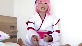 Japanese cosplayer cosplays as an anime character and gives a man a handjob and intercrural sex.