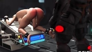 A sexy horny bald girl in cuffs gets fucked hard by a sex cyborg in the lab