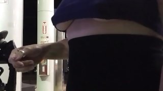 MILF Sheery Braless in a crop top show sexy underboob while pumping gas at the station