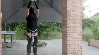 CD in spandex selfbondage with magic wand trying to orgasm