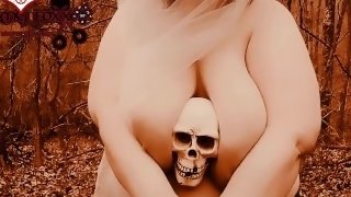 BBW Huge Tits and Big Ass Necromancer Bride shows off in Woods