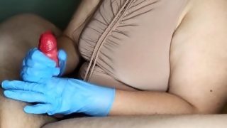 Blue and Red - handjob with condom and glove for stepsister.
