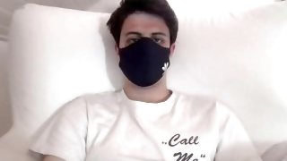 Sexy boy masturbating with a black mask and cum with a very long and hard dick