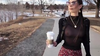 Boldly showing off my nipples to strangers in a see-through top and no bra