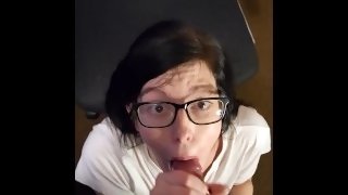 Nerdy Slut Gets Distracted By His Wand - Sloppy BJ Has Nerdy Slut Gagging & Drooling All Over Cock