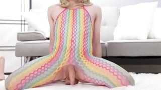 posing, gaping, and riding dildo until I cum in new rainbow fishnets