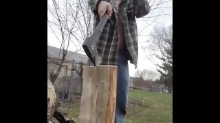 Chubby Man Chops Wood For Your Fire