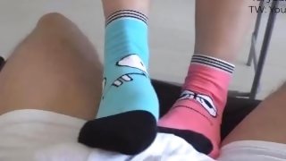 My stepsis wanted to give me a sockjob, so I filled her socks with my cum