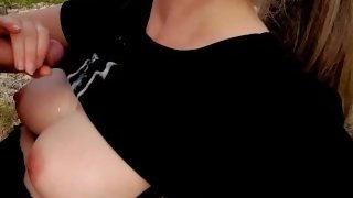Public Handjob in the Forest Cum on Tits