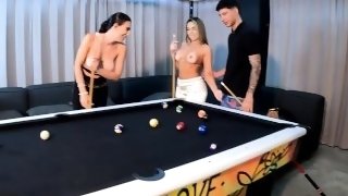 A threesome with two amazing latinas on a pool table