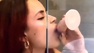 Naughty Red Head Practicing Her Blowjob Skills In The Shower - Wendy Smiles