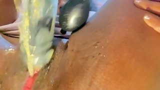 April Golden Showers Preview, Busty Ebony Squirts, from 12in pump black dildo
