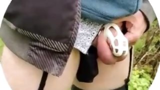 Locked sissy slut shows her chastity in public places.