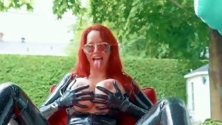 Bianca Beauchamp pussy shot, big boobs and big ass in latex catsuit by the pool
