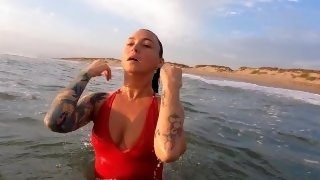 Wife sucks my cock with swallow on an empty beach