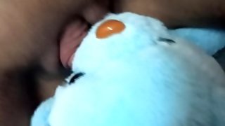 Rubbing wet pussy and big clit on a teddy bear