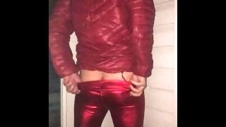 Wearing and stripping all red on the exposed balcony - hot cum shot exhibitionism
