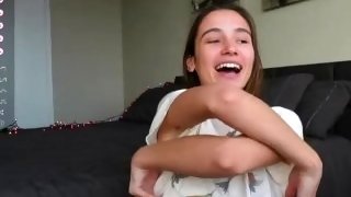 Cute girl shows tits and plays with pussy for tip
