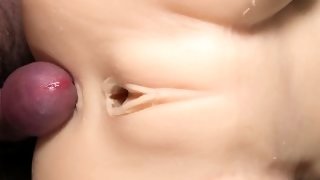 Slow motion and close up while rubbing penis against hairless smooth petite pussy and anal