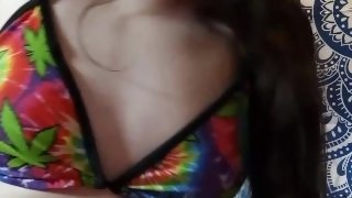 420 weed slut tiny tits small breast all natural camgirl tries on bikini top swimsuit try on a cup