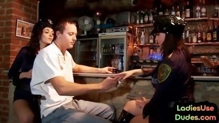 Pegging police CFNM babes in bar nail strapon sissy