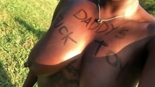 Ebony Slut OMGiana Gargles Daddy's Piss While Big Ass Gets Deep Anal With Thick Black Dildo Outdoors