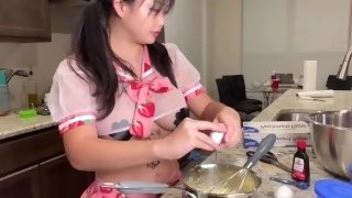 Slutty Asian Girl Bakes Cupcakes in Seethrough Lingerie - Popular Tiktoker Thehalococo sexy cooking