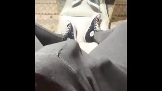 Showing off my big cock in grey leggings and high top converse