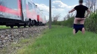 Flashing public train  risky dick flash  risky public masturbation