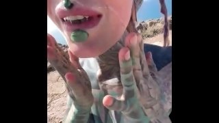 Happy hippie girl having a big cumshot load in her face after getting hard anal fucked in puplic