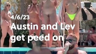 6 girls pee on their 2 guy friends