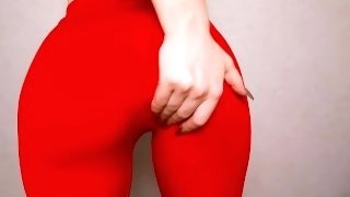 PAWG in red leggings and heels twirls her juicy ass Masturbates her juicy pussy and cums loudly 💦