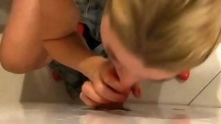 Hot MILF and public toilet glory hole  Sucking and jerking dick and swallowing cum