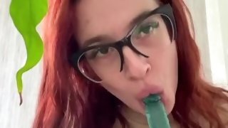 A Depraved Bitch With her Lush Lips Sucks and Licks her Dildo