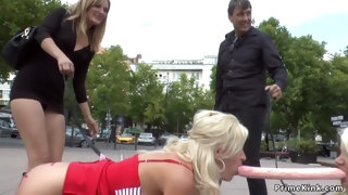 Full-Breasted blond hair babes made crawl in public