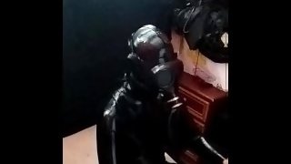 Latex femboy sissy slut breathplay with hood and gas mask rebreather