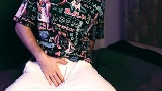 a young guy in an anime t-shirt masturbates loudly and smears his pillow with sperm. 4K VIDEO