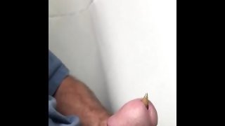 Eject ballpoint from circumcised penis, bulbourethral fluid on limp cock
