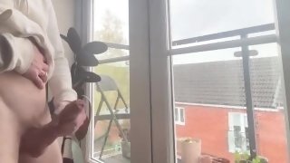Public wanking in front of my balcony windows. Big cock masturbate by straight guy to cumshot, horny
