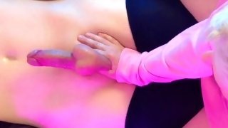Shy femboy gets a handjob from his girlfriend with cum on his belly