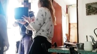 Housewife without panties shows her pussy to the technical service and spies on her having hard sex