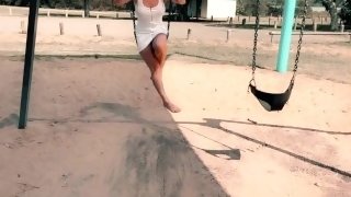 Horny wife flashes pussy forgets panties on the swing public dare
